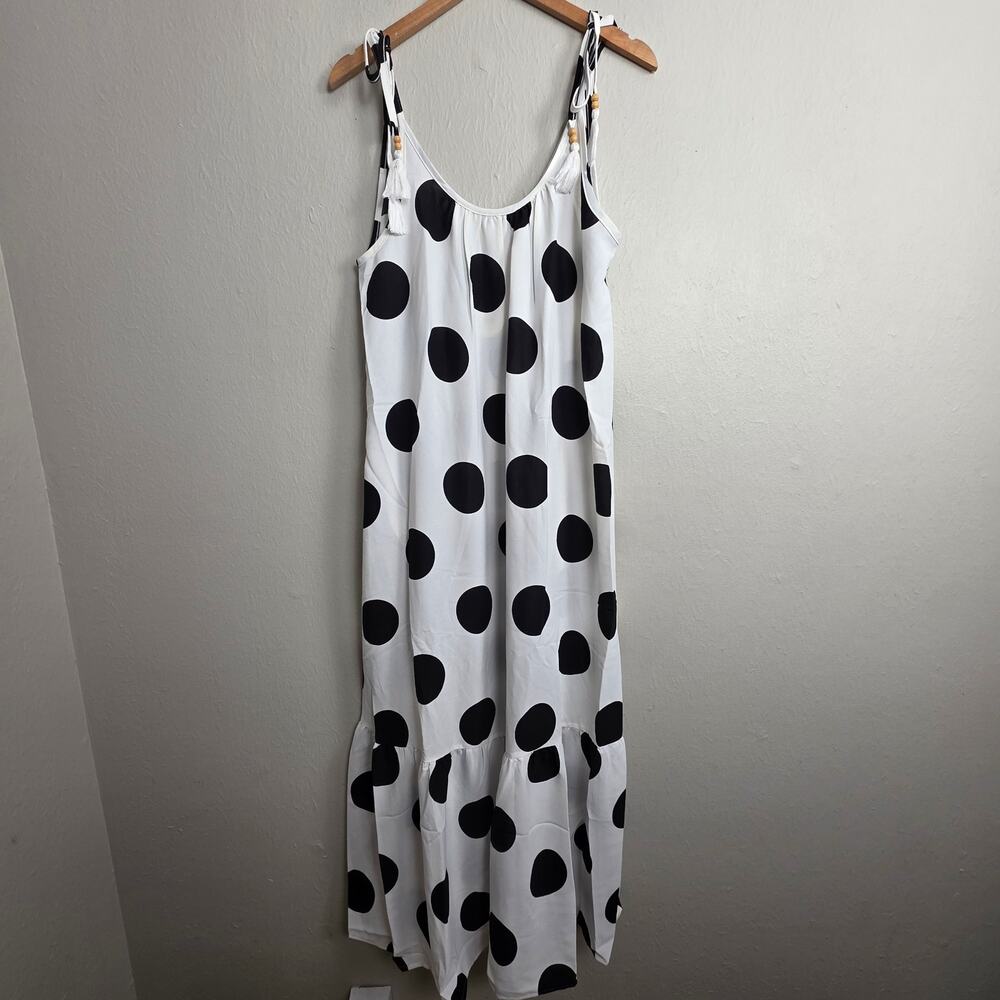 Oddi Polka White Black Dot Tassel Tie-Strap NWT Tiered Maxi Dress Large - Picture 5 of 13